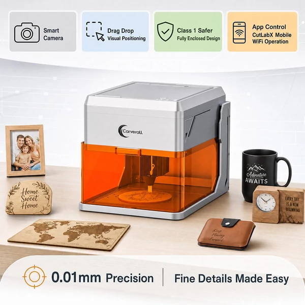 Carverall A1Pro 10W lézergravírozó, 455nm kék lézer, 12000mm/perc, 0.01mm pontosság, 100×100mm munkaterület, zárt Class 1, WiFi/USB