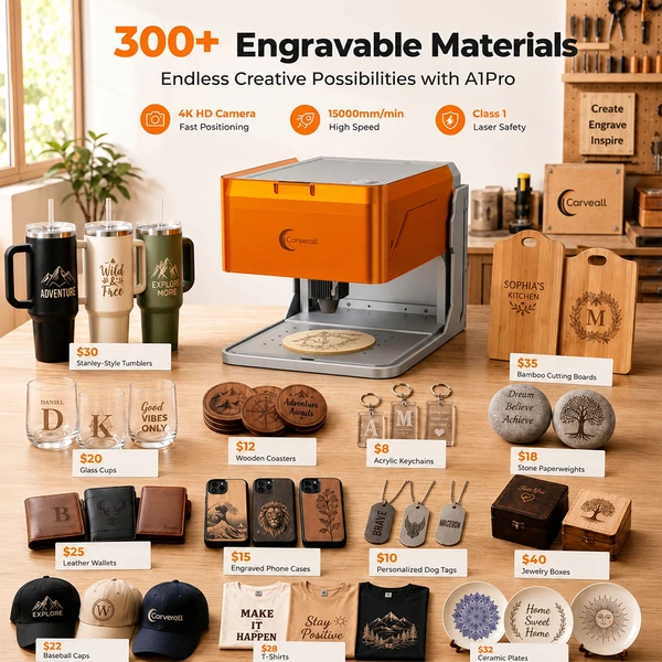 Carverall A1Pro 10W lézergravírozó, 455nm kék lézer, 12000mm/perc, 0.01mm pontosság, 100×100mm munkaterület, zárt Class 1, WiFi/USB