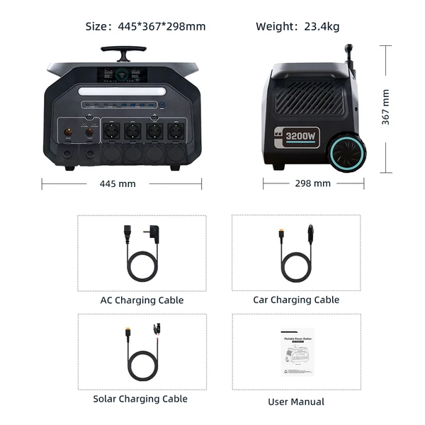 IEETek P3200 hordozható erőmű, 2048Wh LiFePO4 akkumulátor, 3200W tiszta szinusz, 6400W csúcs, 1.5h gyorstöltés, 1000W napelem bemenet