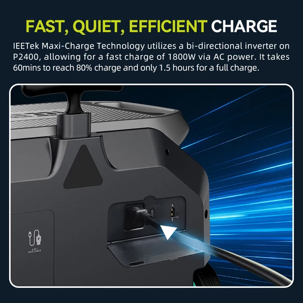 IEETek P2400 hordozható erőmű – 2048Wh LiFePO4 akkumulátor, 2400W tiszta szinusz, 4800W csúcs, 1800W gyorstöltés, 800W napelem, <10ms EPS, WiFi/Bluetooth