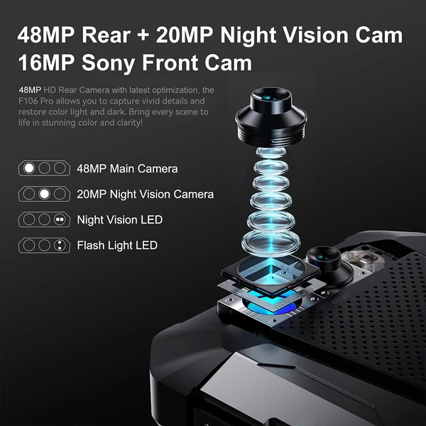 FOSSiBOT F106 Pro strapabíró okostelefon, 6.58'' FHD+ kijelző, Helio G85, 15GB RAM, 256GB tárhely, 48+20MP kamera, 12000mAh, NFC, IP68/IP69K
