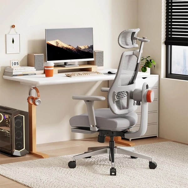 NEWTRAL MagicH‑GPRO ergonomikus szék lábtartóval, automatikus háttámla‑fejtámasz, adaptív deréktámasz, állítható karfa – Szürke