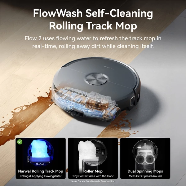 Narwal Flow 2 robotporszívó és felmosó, 31 000Pa szívóerő, AI dupla kamera, rejtett LiDAR, 100°C öntisztítás, 2.4L automata portartály - Fekete