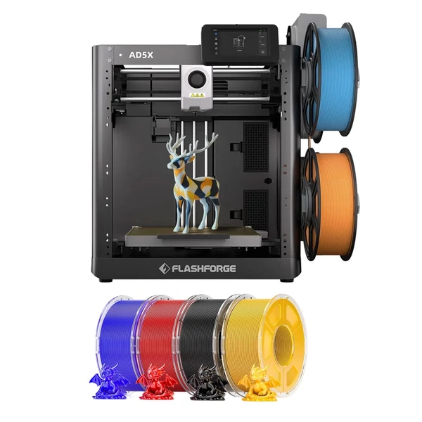 Flashforge AD5X 3D nyomtató + 4kg Mecpow HS filament (3kg PETG + 1kg PLA+) – piros/kék/sárga/fekete