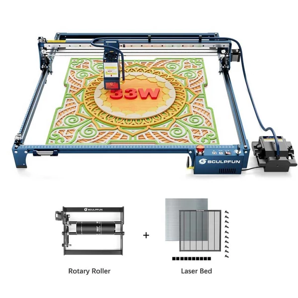 SCULPFUN S30 Ultra 33W lézervágó + 660×660 mm lézerágy + forgatóegység