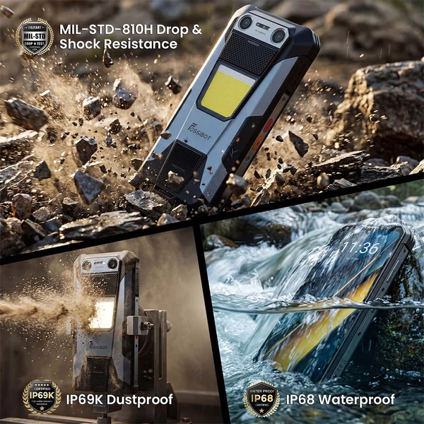 FOSSiBOT F106 Plus strapabíró okostelefon, 6GB RAM, 128GB, 12000mAh, 120dB hangszóró, 20MP éjjellátó, 50MP kamera, 6.745'' 120Hz, Android 16, IP68, NFC