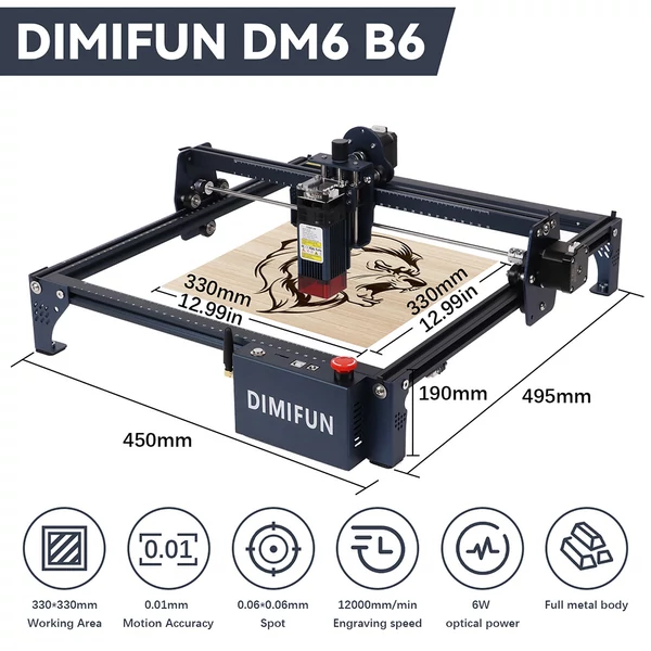 DIMIFUN DM6 B6 6W lézergravírozó gép, szemvédelem, 0.01mm pontosság, 0.06mm lézerpont, 12000mm/perc, 330×330mm