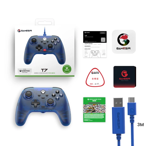 GameSir T7 vezetékes játékvezérlő, Hall-effektus karok és ravaszok, Xbox/Xbox One X/S, Steam, Windows 10/11 – Zafír kék