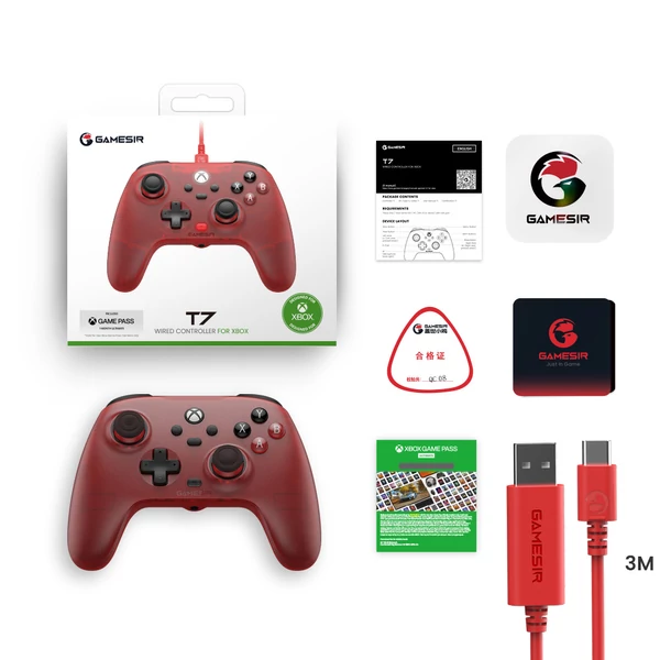 GameSir T7 vezetékes játékvezérlő, Hall-effektus karok és ravaszok, Xbox/Xbox One X/S, Steam, Windows 10/11 – Rubint vörös