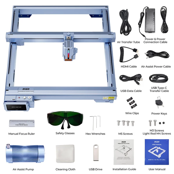 IKIER K1 Ultra 36W lézergravírozó, 410×410 mm munkaterület, 800 mm/s sebesség, 0,01 mm pontosság, autofókusz, egy menetben vágás