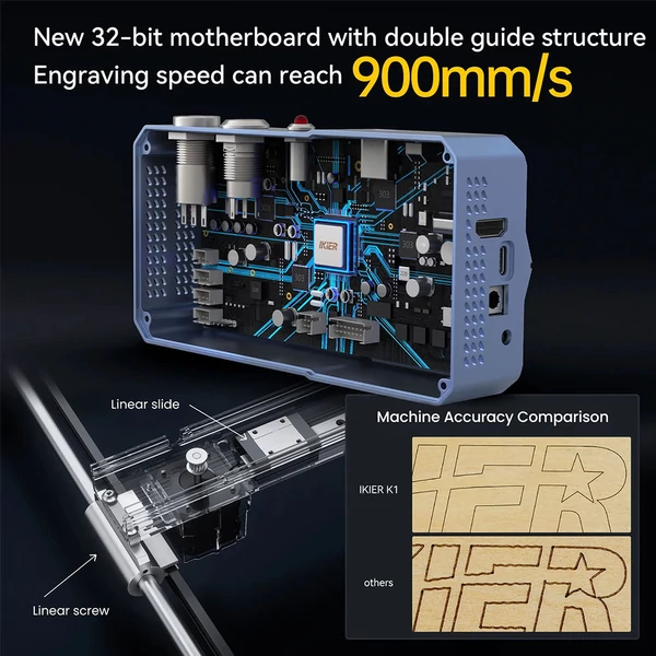 IKIER K1 Pro Max 48W lézergravírozó, 410×410 mm munkaterület, 0.01 mm pontosság, 900 mm/s sebesség, autofókusz és automata süllyesztés