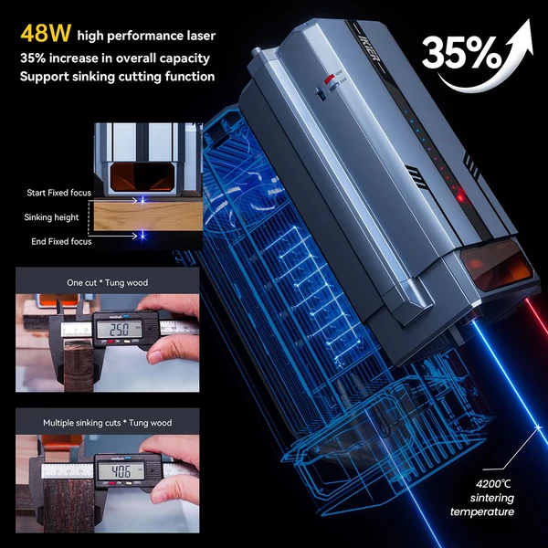 IKIER K1 Pro Max 48W lézergravírozó, 410×410 mm munkaterület, 0.01 mm pontosság, 900 mm/s sebesség, autofókusz és automata süllyesztés