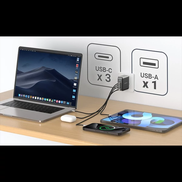 MINIX P165 GaN fali gyorstöltő, 165W max, 3×USB‑C PD és 1×USB‑A porttal