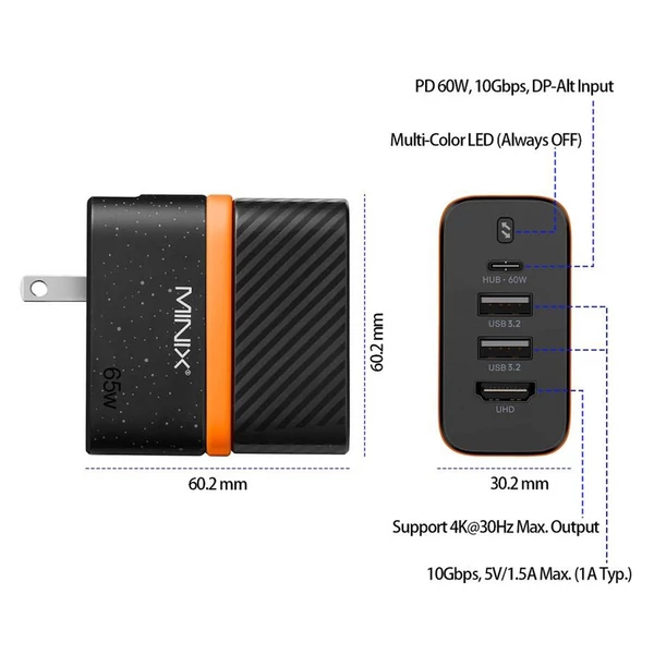 Minix P4K fali töltő és hub, 2×USB 3.2, 4K@30Hz UHD port, PD60W Type‑C gyorstöltés