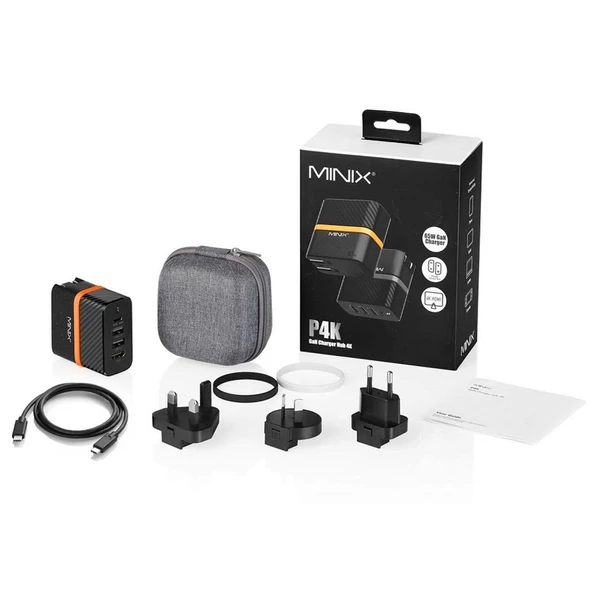 Minix P4K fali töltő és hub, 2×USB 3.2, 4K@30Hz UHD port, PD60W Type‑C gyorstöltés