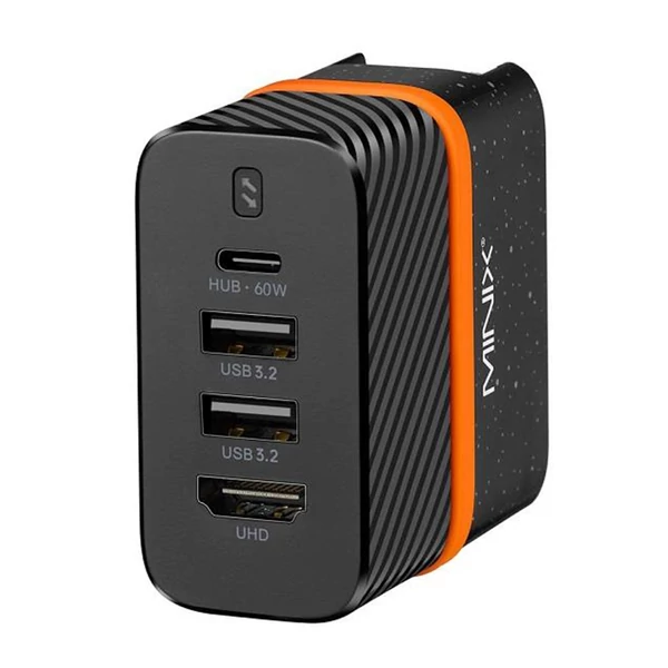 Minix P4K fali töltő és hub, 2×USB 3.2, 4K@30Hz UHD port, PD60W Type‑C gyorstöltés
