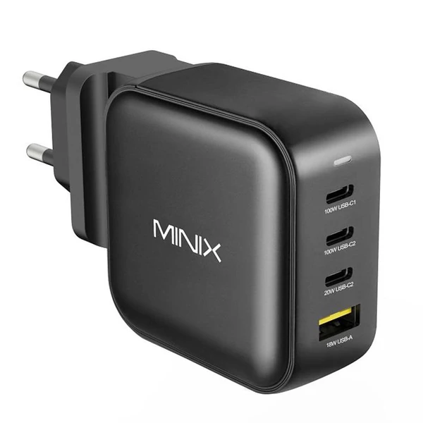 MINIX P3 100W gyorstöltő, 3×Type‑C + 1×USB‑A porttal, utazáshoz, univerzális kompatibilitás