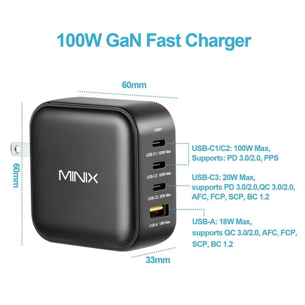 MINIX P3 100W gyorstöltő, 3×Type‑C + 1×USB‑A porttal, utazáshoz, univerzális kompatibilitás