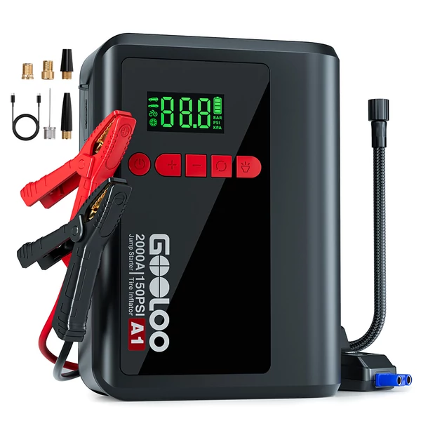 GOOLOO A1 2000A 12V indítóakkumulátor 150PSI kompresszorral, 35L/perc légáram, automata leállás, LED lámpa, 7L benzin/5.5L dízelhez