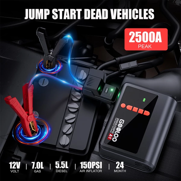 GOOLOO A1 2000A 12V indítóakkumulátor 150PSI kompresszorral, 35L/perc légáram, automata leállás, LED lámpa, 7L benzin/5.5L dízelhez