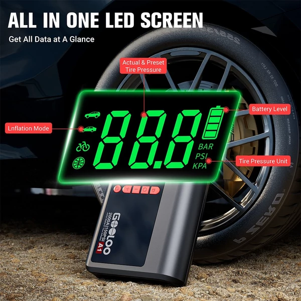 GOOLOO A1 2000A 12V indítóakkumulátor 150PSI kompresszorral, 35L/perc légáram, automata leállás, LED lámpa, 7L benzin/5.5L dízelhez