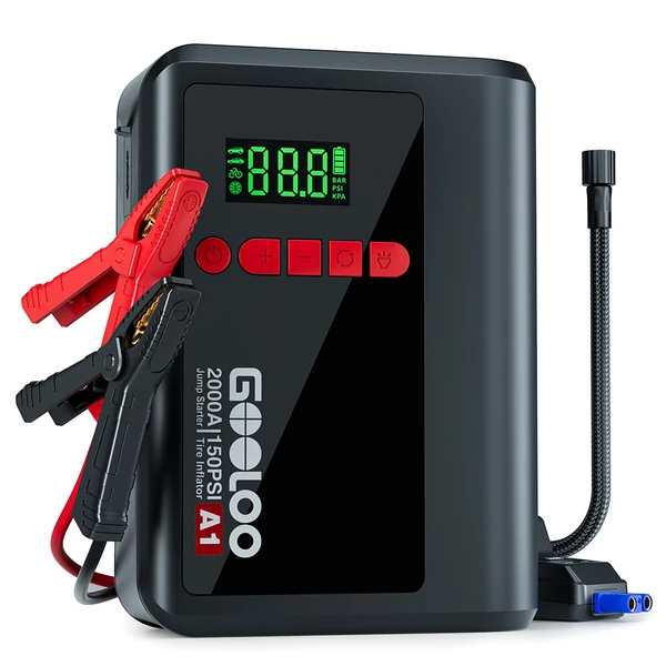 GOOLOO A1 2000A 12V indítóakkumulátor 150PSI kompresszorral, 35L/perc légáram, automata leállás, LED lámpa, 7L benzin/5.5L dízelhez