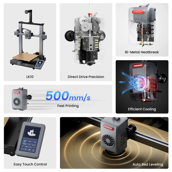 LONGER LK10 3D nyomtató, 500 mm/s sebesség, 0,1 mm pontosság, 225×225×265 mm térfogat, automata szintezés, 300°C hotend, WiFi/LAN/USB