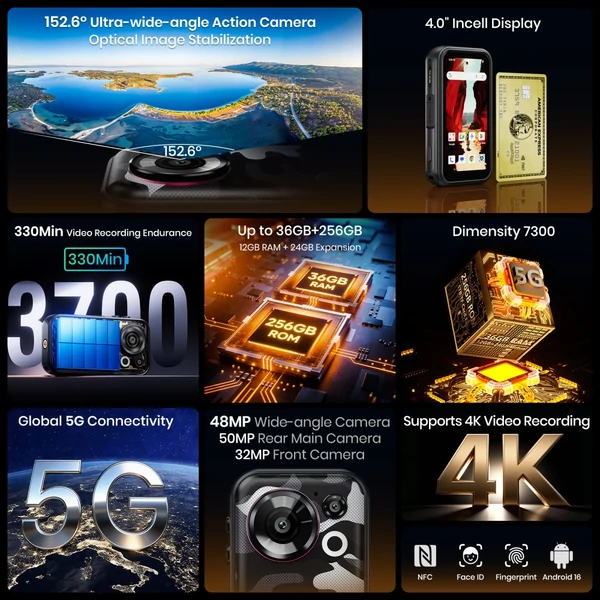 FOSSiBOT F116 Pro strapabíró okostelefon, 12GB/256GB, Dimensity 7300 5G, 48MP OIS, 50MP kamera, 4.0'' 120Hz, 3700mAh, Android 16, IP68/IP69K, NFC - Szürke