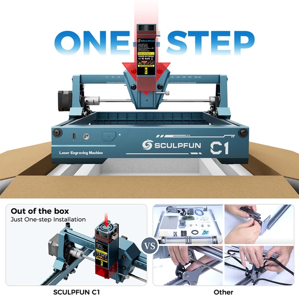 SCULPFUN C1 6W mini lézergravírozó, 0,06 mm pontosság, 150×130 mm munkaterület, 10000 mm/perc, gyors telepítés, LightBurn kompatibilis