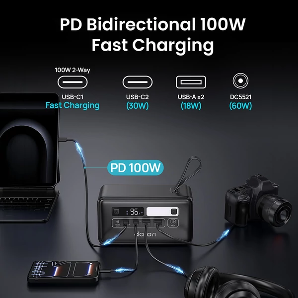 DaranEner Q200 hordozható erőmű, 192Wh LiFePO4 akkumulátor, 100W USB‑C, 18W USB‑A, 60W DC, napelemes bemenet, LED lámpa kempinghez