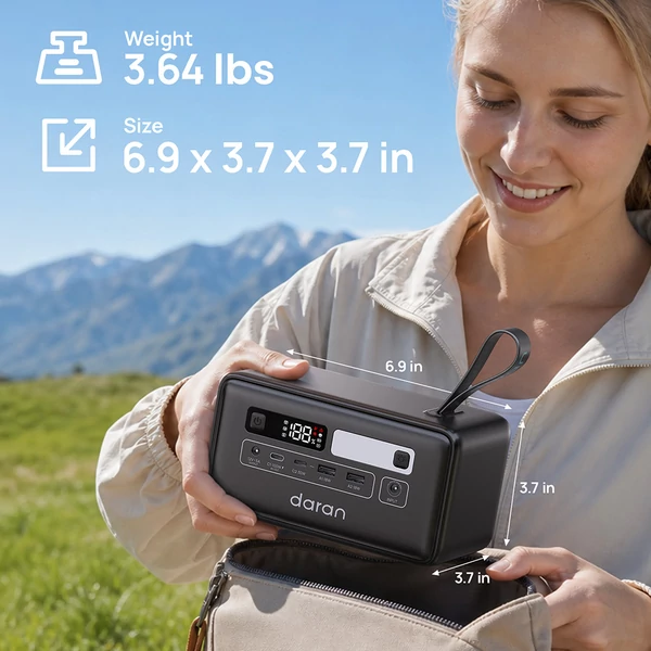 DaranEner Q200 hordozható erőmű, 192Wh LiFePO4 akkumulátor, 100W USB‑C, 18W USB‑A, 60W DC, napelemes bemenet, LED lámpa kempinghez