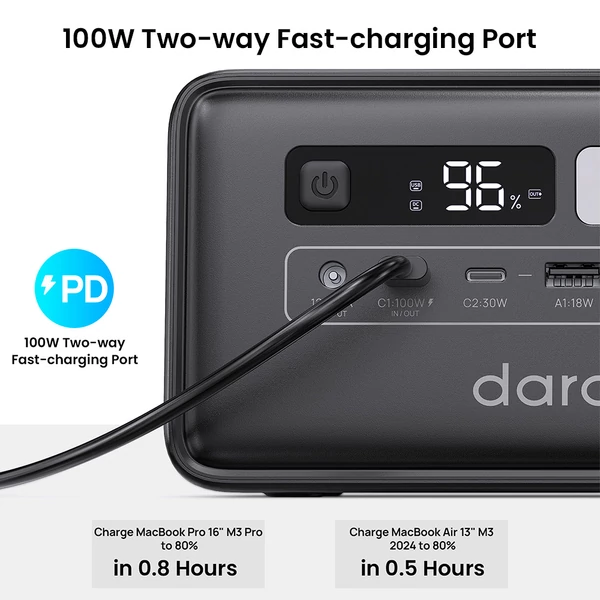 DaranEner Q200 hordozható erőmű, 192Wh LiFePO4 akkumulátor, 100W USB‑C, 18W USB‑A, 60W DC, napelemes bemenet, LED lámpa kempinghez