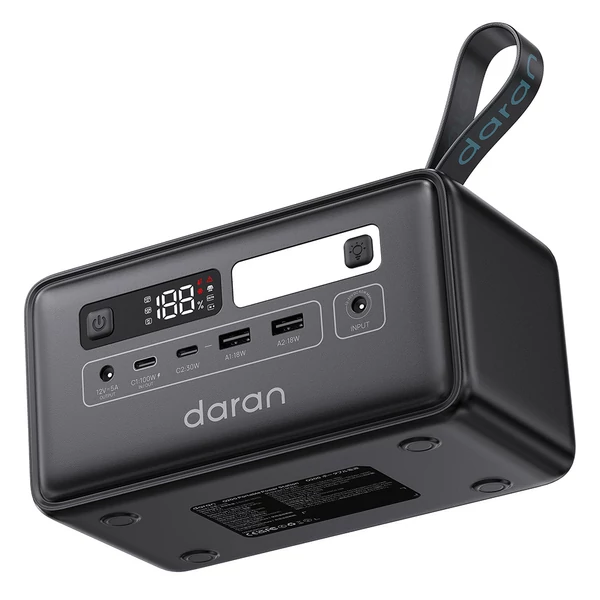 DaranEner Q200 hordozható erőmű, 192Wh LiFePO4 akkumulátor, 100W USB‑C, 18W USB‑A, 60W DC, napelemes bemenet, LED lámpa kempinghez