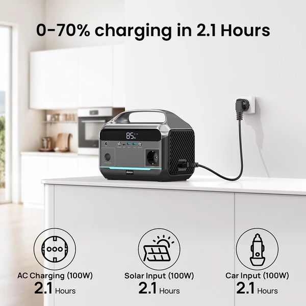 DaranEner NEO300L hordozható erőmű – 288Wh LiFePO4, 350W tiszta szinusz, 600W csúcs, 100W napenergia, USB‑C PD, USB‑A, autós aljzat, MPPT, BMS, UPS