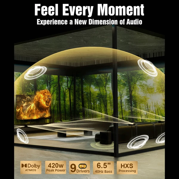 Hiwill A51 Pro 5.1 hangrendszer Dolby Atmos-szal, 6.5'' vezeték nélküli mélynyomóval, 9 hangszóróval, 420W csúcsteljesítménnyel
