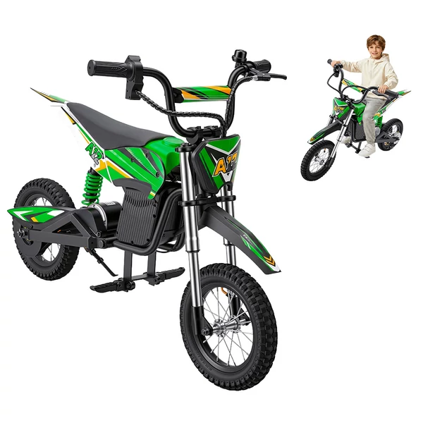 iScooter A12 gyerek elektromos dirt bike, 300W, 36V 4.5Ah, 25 km/h, 20 km hatótáv, 12'' kerék, rugózás, tárcsafék – Zöld