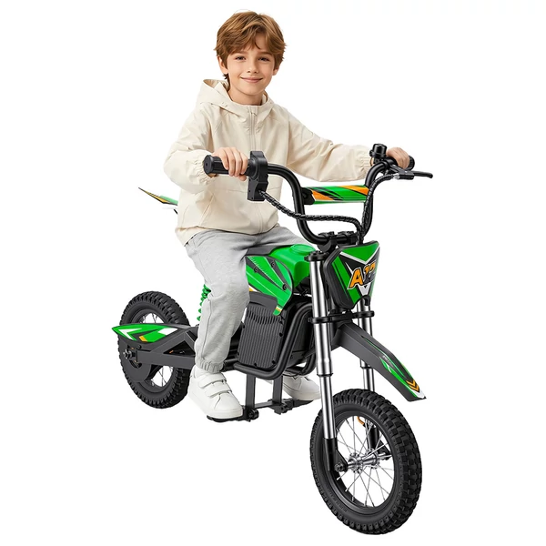 iScooter A12 gyerek elektromos dirt bike, 300W, 36V 4.5Ah, 25 km/h, 20 km hatótáv, 12'' kerék, rugózás, tárcsafék – Zöld
