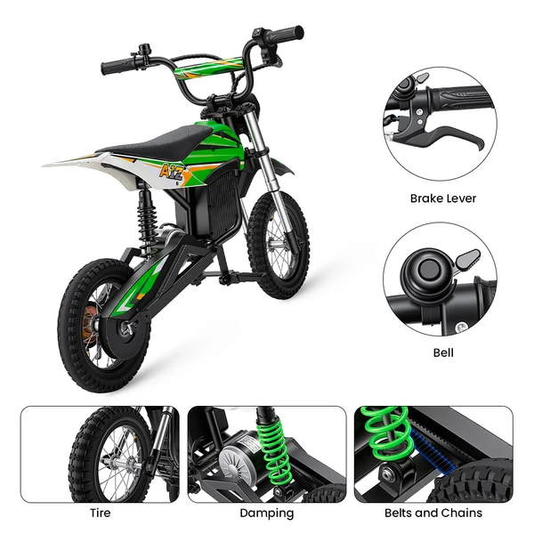 iScooter A12 gyerek elektromos dirt bike, 300W, 36V 4.5Ah, 25 km/h, 20 km hatótáv, 12'' kerék, rugózás, tárcsafék – Zöld