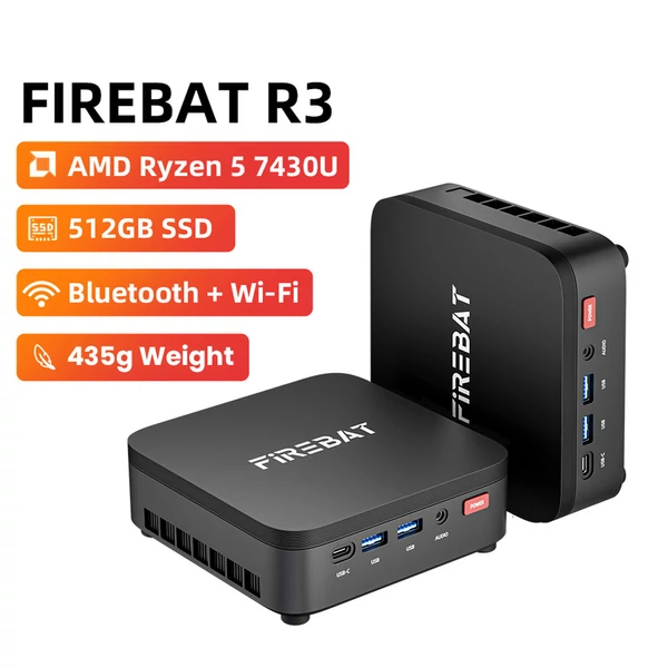 FIREBAT R3 mini PC Ryzen 5 7430U, 16GB RAM, 512GB SSD, 4K hármas kijelzés, WiFi 6, BT 5.2