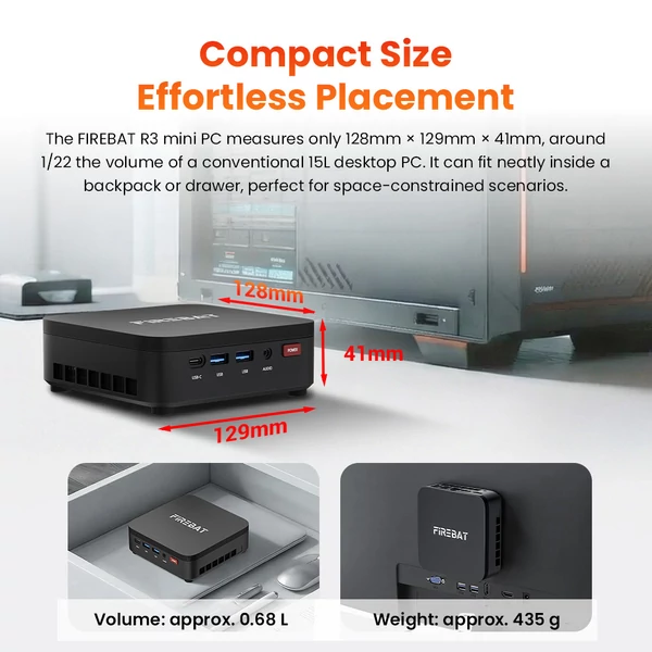 FIREBAT R3 mini PC Ryzen 5 7430U, 16GB RAM, 512GB SSD, 4K hármas kijelzés, WiFi 6, BT 5.2