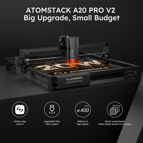 ATOMSTACK A20 Pro V2 20W lézergravírozó, 400 mm/s sebesség, 0,01 mm pontosság, 0,08×0,1 mm lézerpont, 400×365 mm munkaterület