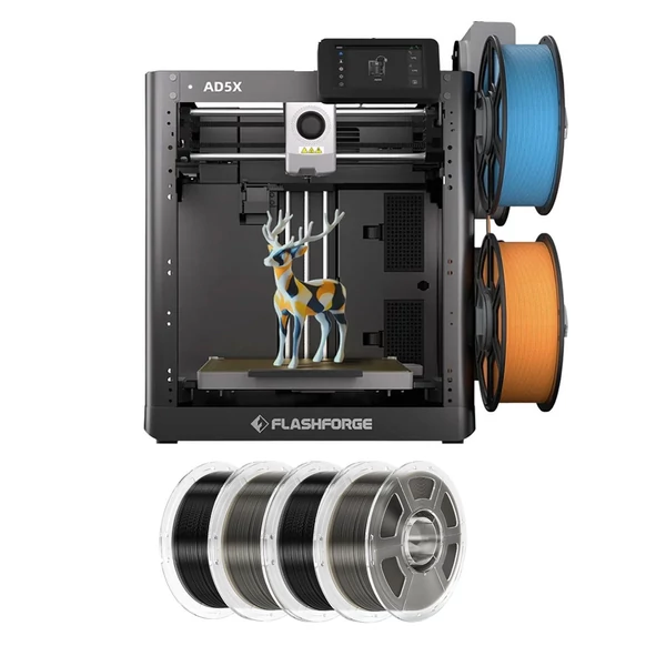 Flashforge AD5X 3D nyomtató + 4kg Mecpow HS filament – 2kg fekete PETG, 2kg áttetsző füstszürke PLA+