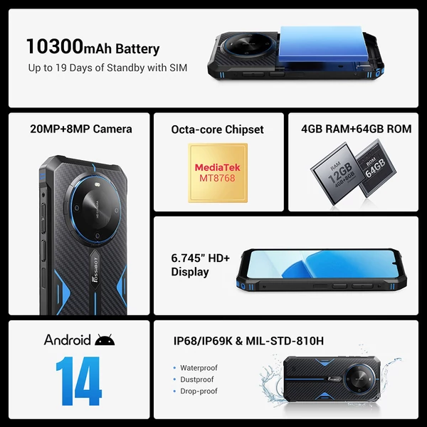 FOSSiBOT F105 strapabíró okostelefon, 6.75'' HD+ kijelző, 10300mAh, 4GB/64GB, 20+8MP kamera, 4G Dual SIM, Android 14, IP68/IP69K – Fekete