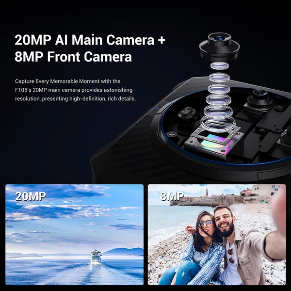 FOSSiBOT F105 strapabíró okostelefon, 6.75'' HD+ kijelző, 10300mAh, 4GB/64GB, 20+8MP kamera, 4G Dual SIM, Android 14, IP68/IP69K – Fekete