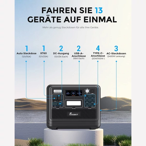 FOSSiBOT F2400 hordozható erőmű készlet + 2× SP200 200W összecsukható napelem, 2048Wh LiFePO4, 2400W kimenet