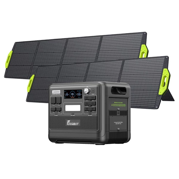 FOSSiBOT F2400 hordozható erőmű készlet + 2× SP200 200W összecsukható napelem, 2048Wh LiFePO4, 2400W kimenet