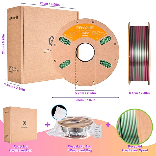 ERYONE nagy sebességű selyem hatású, két színű PLA filament 1kg – piros & zöld