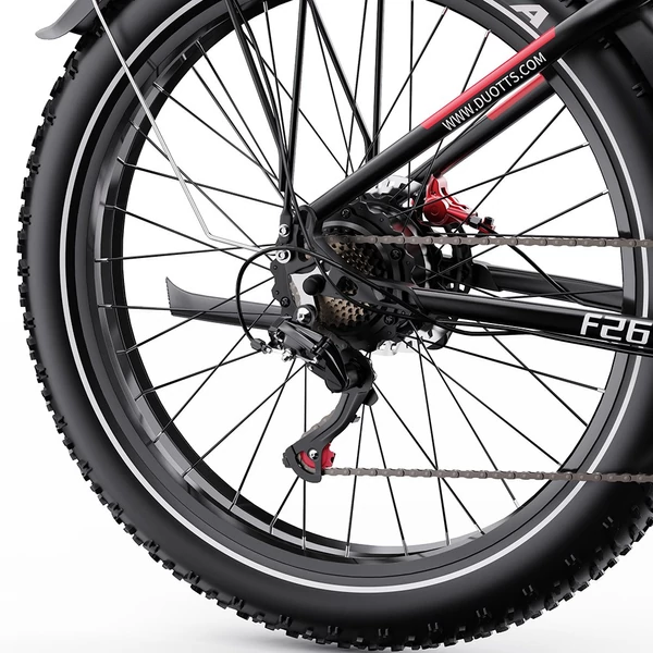 DUOTTS F26 Lite elektromos kerékpár, 500W motor, 48V 18Ah akkumulátor, 26×4.0 gumi, 50 km/h, 90 km hatótáv, hidraulikus fék – Fekete/piros