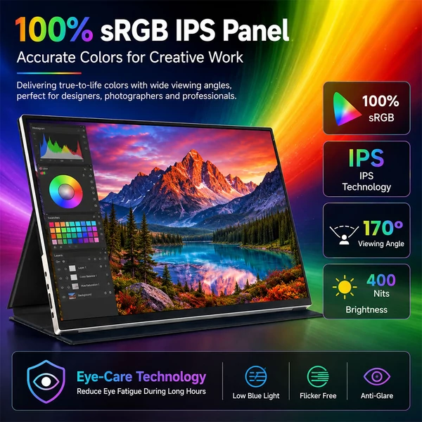ALLIWAVA P16 Pro hordozható monitor, 16'' 2.5K QHD+ IPS kijelző, 144Hz, 100% sRGB, 400 nit, USB‑C & HDMI, laptophoz/PC‑hez/Switchhez/PS5‑höz