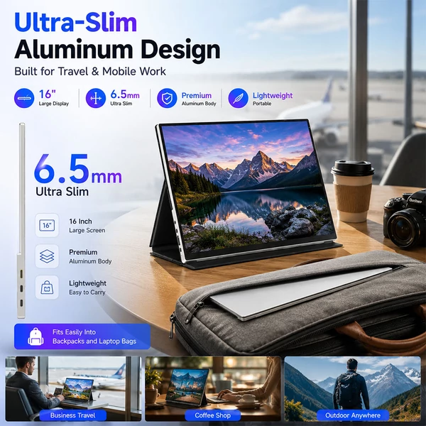 ALLIWAVA P16 Pro hordozható monitor, 16'' 2.5K QHD+ IPS kijelző, 144Hz, 100% sRGB, 400 nit, USB‑C & HDMI, laptophoz/PC‑hez/Switchhez/PS5‑höz